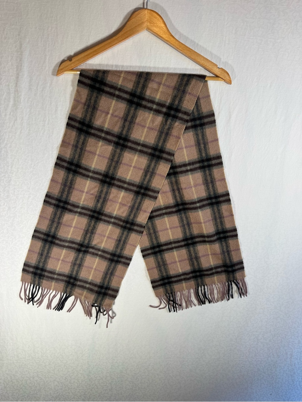 Burberry Classic Check Scarf Light Purple Plaid Black Tan Fringed Designer
